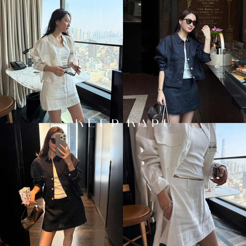 Reliable Keep Kapu100 Linen Long-Sleeved Shirt and Shorts Skirt Two-Piece Set, Loose and Stylish Spring Suit for Women