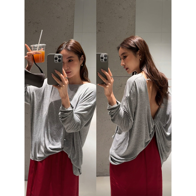Reliable Keepkapu Bow-Knot Casual Thin Sun-Protective Long-Sleeve T-Shirt for Women, Backless Knotted Loose Top