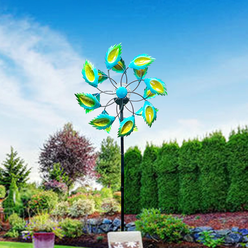 Double Sided Iron Art Windmill Villa Garden Swing Piece Courtyard Plug-in Simulation Peacock Feather Outdoor Landscape Decoration Arrangement