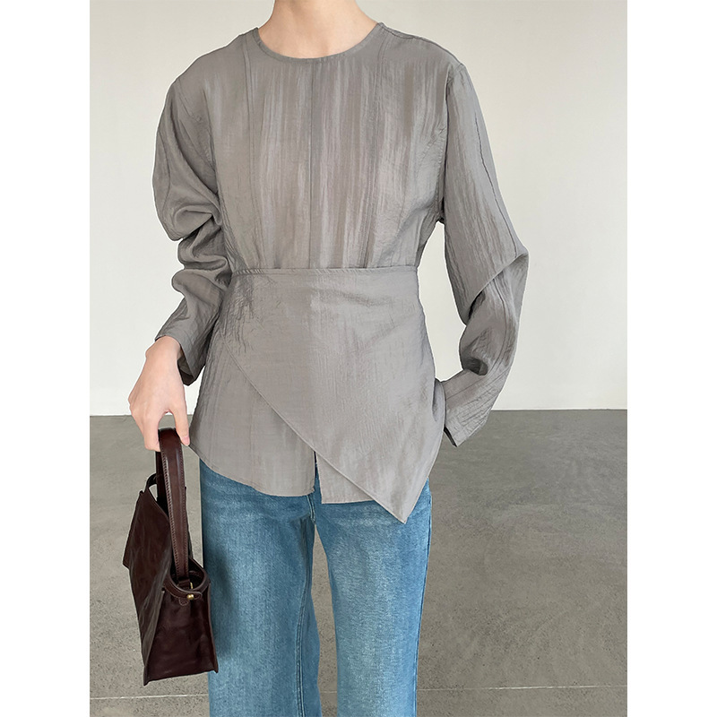 Alice Korean-Style Two-Piece Set Round Neck Waist-Cinching Long-Sleeve Shirt for Women, Slimming Gray Top, Spring 2026