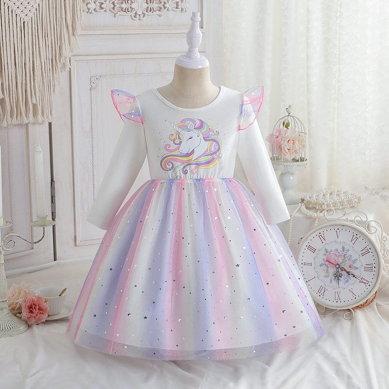 2026 New Style Girls' Long-Sleeved Dress Pony Unicorn Princess Dress Kidsren's Spring & Fall Rainbow Mesh Skirt