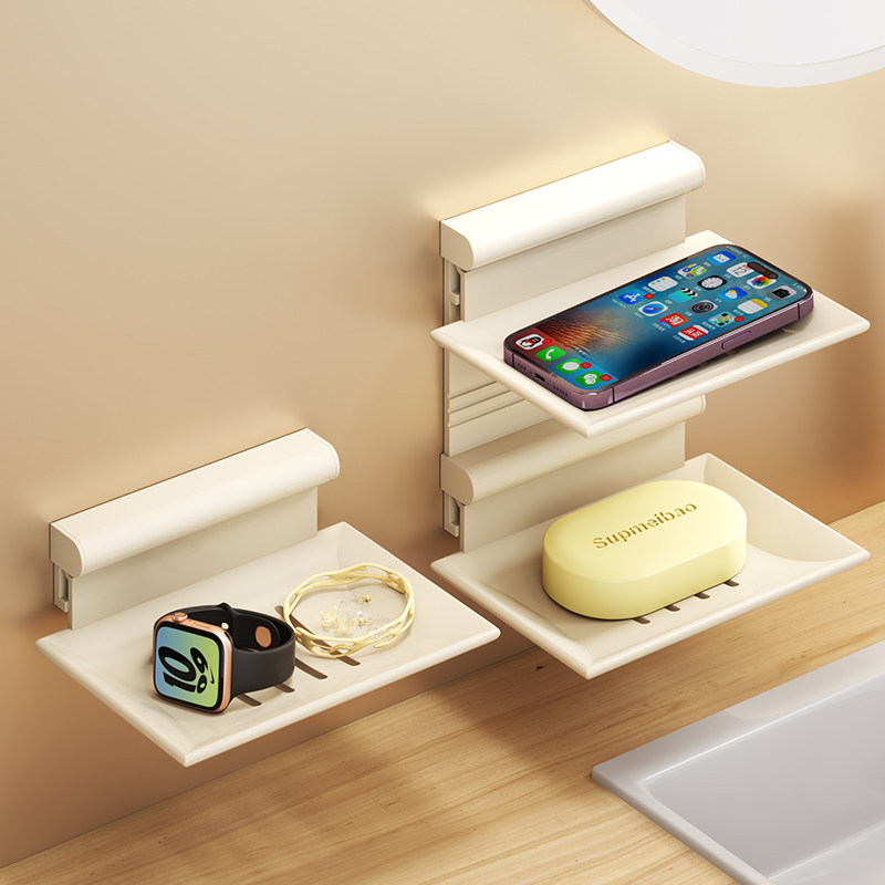 Cream Wind White Soap Case Wall-mounted Free Shower Bathroom Toilet Drain Double Layer Soap Dish Shelf-Taobao