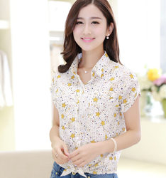 2018 New Summer Clothes Korean Large Size Loose Slim Lace-Up Chiffon Printed Shirt Short-Sleeved Casual Knotted Shirt for Women