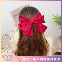 Three-layer black big bow hairclip female Japanese spring clip Super fairy hair top clip clip clip headgear red hair rope