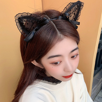 Korean cat ears lace hair hoop net red cute headband female hair card Net red black cos hair bundle headdress