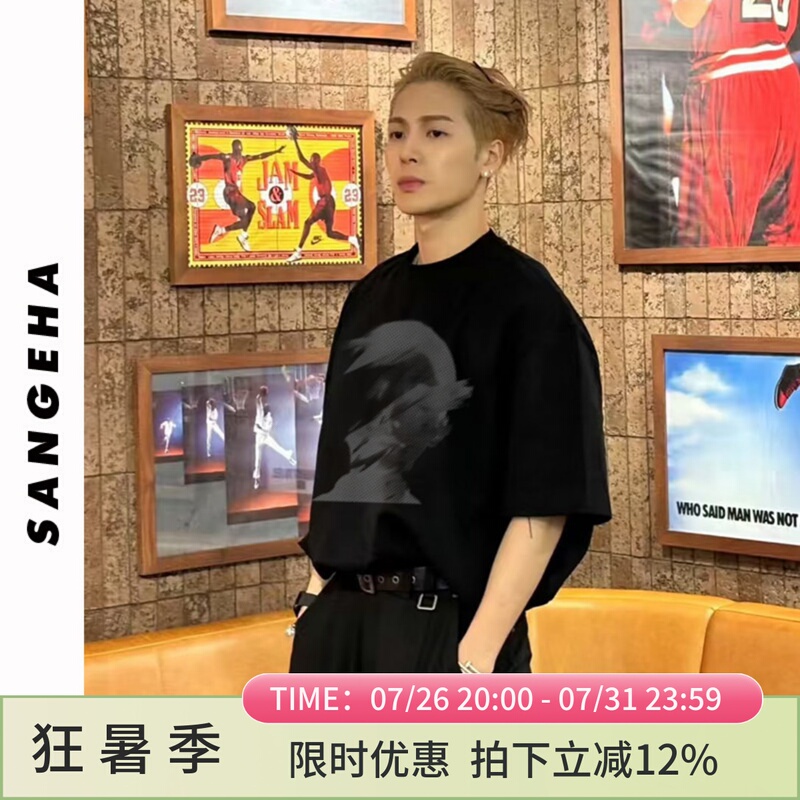 Jackson Wang's Same Style European and American Street Fashion Brand Black Short-Sleeved T-Shirt for Men, American-Style High-End Pure Cotton Half-Sleeve Top