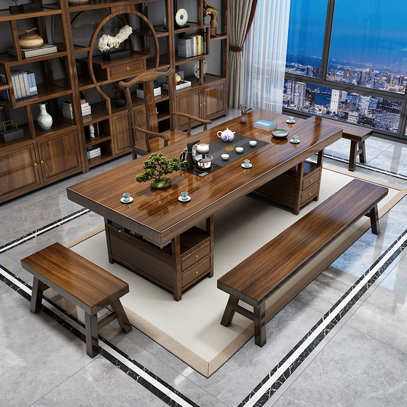 Solid Wood Large Board Tea Table and Chair Set, New Chinese Style, One Table and Five Chairs, Office Tea Table, Living Room Home Tea Making Station All-In-One Solid Wood Large Board Tea Table and Chair Set, New Chinese Style, One Table and Five Chairs, Office Tea Table, Living Room Home Tea Making Station All-In-One