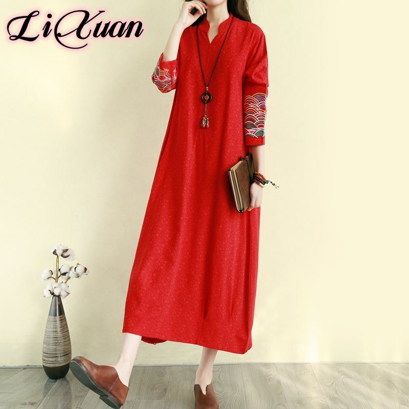 Autumn Embroidered Dress for Women, Cotton and Linen, Vintage Ethnic Style, Long-Sleeved V-Neck, New Mid-Length Dress, Elegant Chinese Red Autumn Embroidered Dress for Women, Cotton and Linen, Vintage Ethnic Style, Long-Sleeved V-Neck, New Mid-Length Dress, Elegant Chinese Red