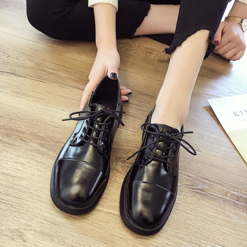 Black small leather shoes female plus suede 2020 new autumn and winter flat bottom single shoes Inlenty wind women's shoes Shoes Working Autumn Shoes