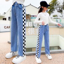 Girl Straight Drum Pants Spring Fall Outside Wearing 2022 New CUHK Wide-legged Pants Loose Spring Clothing Children Jeans
