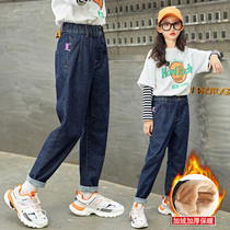 Girls plus velvet jeans winter 2021 new foreign style Children Fashion Spring and Autumn childrens one velvet pants