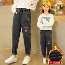Girls plus velvet pants winter 2021 new foreign style in the big Children Fashion Spring and Autumn childrens one-piece jeans