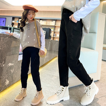 Girls plus velvet jeans autumn and winter 2021 New wear Foreign style in the big children Winter childrens clothing one velvet pants