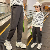 Girls plus velvet pants autumn and winter wear new foreign style big childrens trousers winter childrens clothing one-piece velvet casual pants