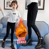 Girls plus velvet jeans autumn and winter wear foreign childrens stretch pants winter childrens one-piece velvet pants