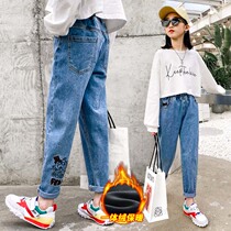 Girls plus velvet jeans Spring and Autumn wear foreign atmosphere autumn and winter children thickened winter childrens one-piece long trousers