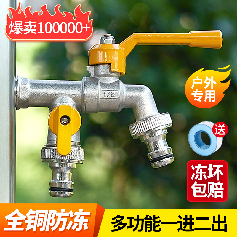 4-Point All-Copper Outdoor Water Tap, Frost-Resistant, for Courtyard and Garden, Dual Outlet, Outdoor Watering, One-To-Two Water Tap
