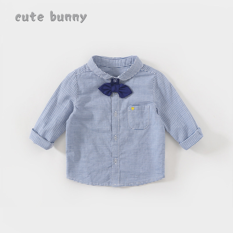 Boy Shirt Baby Autumn Clothes Infant Foreign Pie Pure Cotton Long Sleeve Collar Tie Striped Shirt Mid-Boy Spring Cardiovercoat
