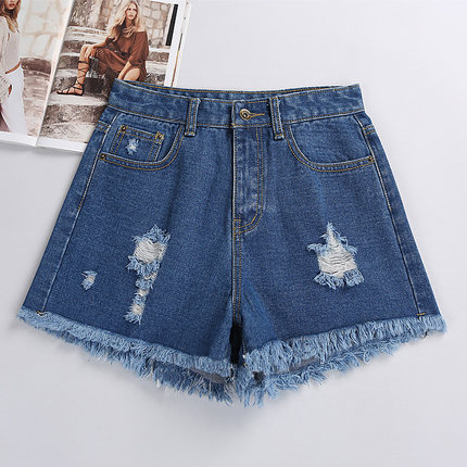 (Giật) Mùa hè trắng quần short denim phụ nữ eo cao khóa lỏng lẻo lỗ viền chân rộng đàn hồi ity mỏng L.