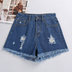 (Giật) Mùa hè trắng quần short denim phụ nữ eo cao khóa lỏng lẻo lỗ viền chân rộng đàn hồi ity mỏng L. 