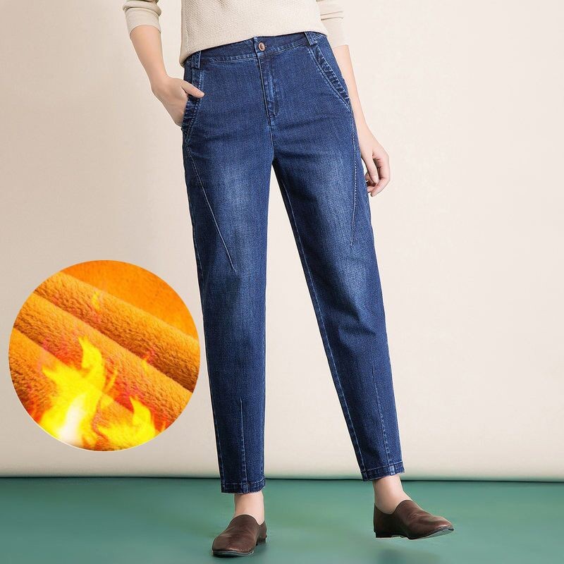 Loose quần jeans eo phụ nữ mùa xuân eo cao Haroun quần dài thẳng trung niên mẹ mặc đang lớn đàn hồi lỏng hiển thị mỏng