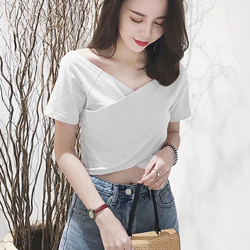 Phụ nữ 2020 triều mới ngắn tay t-shirt nữ sinh Hàn Quốc phiên bản của đỉnh ngắn mở rốn V-cổ edire ins