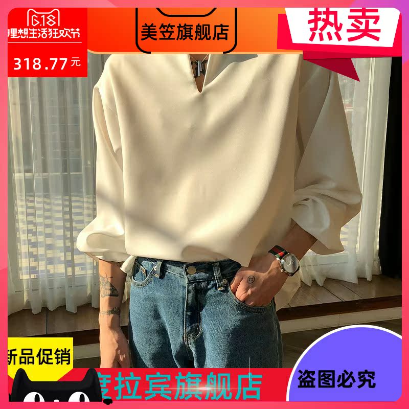 Rocking mặc 2020 mùa xuân mới thấy đẹp trai mỏng lỏng collarless dài tay áo sơ mi thời trang áo triều nam