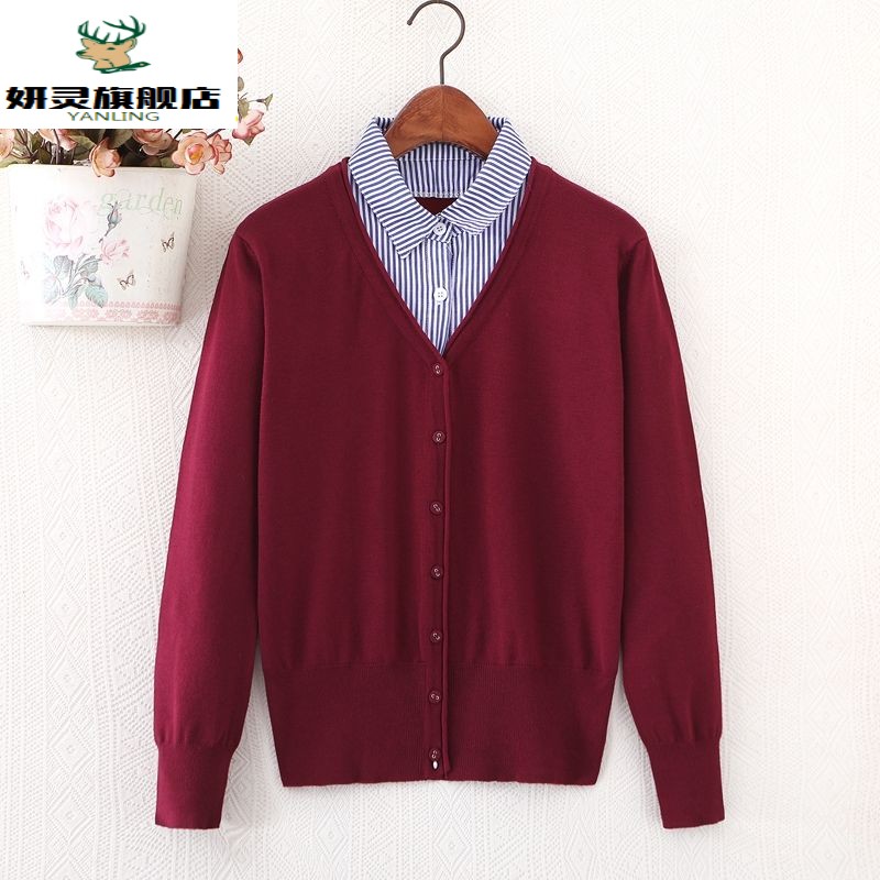 cardigan áo cổ áo giả hai mảnh kích thước đầu mùa xuân phụ nữ dệt kim của bên ngoài điều hòa không khí len áo len áo khoác mỏng