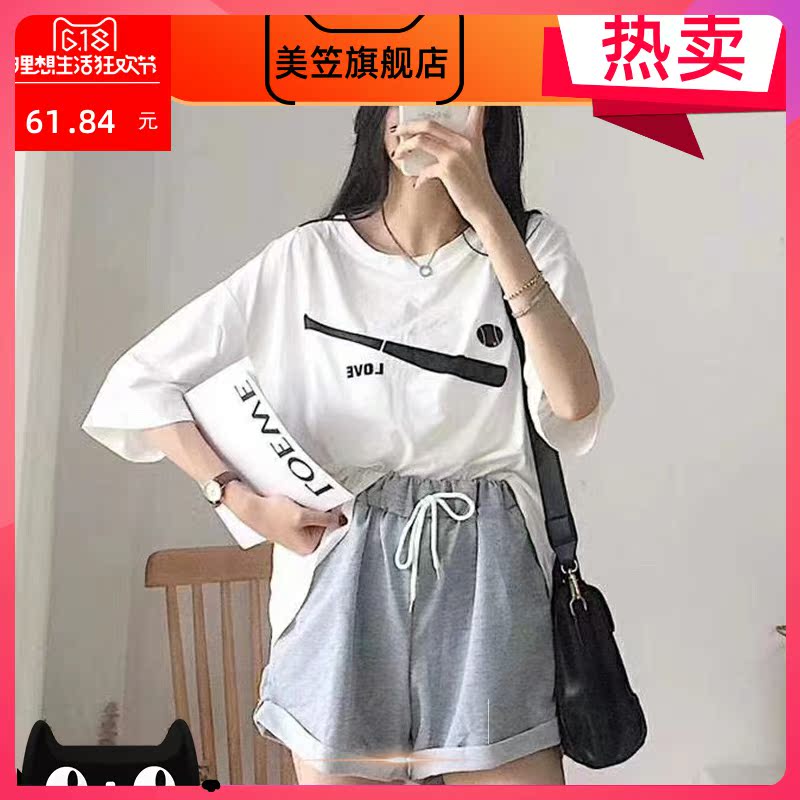 Mùa hè Set phụ nữ mới 2019 loose-fitting lớn mảnh top quần short rộng chân hai mảnh bộ sinh viên chạy đồ thể thao giản dị