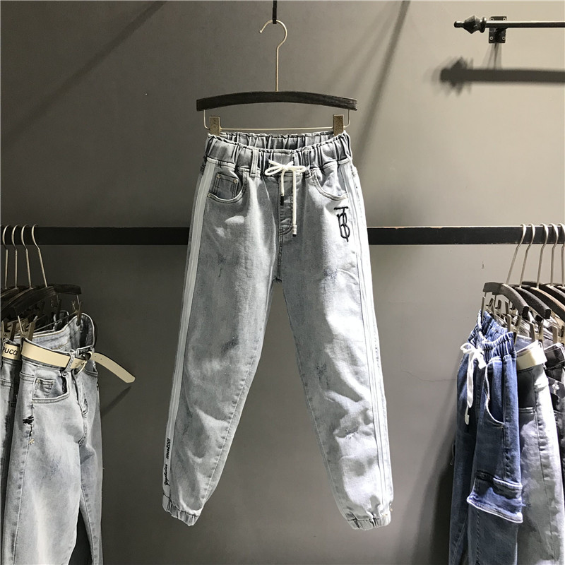 Euro 2020 mới quần jeans thêu thường lỏng lẻo dài ngang lưng của phụ nữ lỏng lẻo chín điểm Haron quần xuống quần