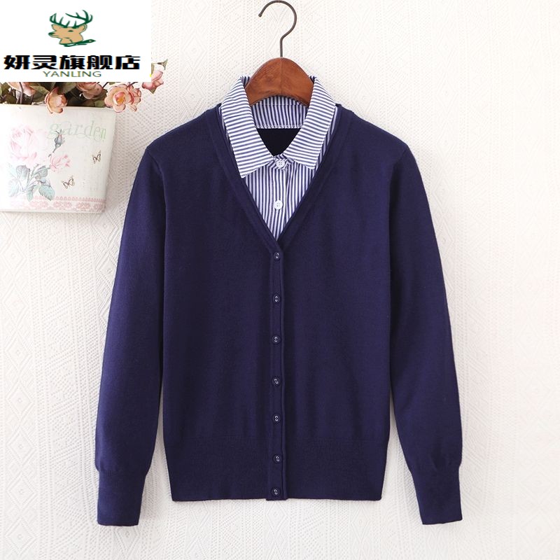 cardigan áo cổ áo giả hai mảnh kích thước đầu mùa xuân phụ nữ dệt kim của bên ngoài điều hòa không khí len áo len áo khoác mỏng