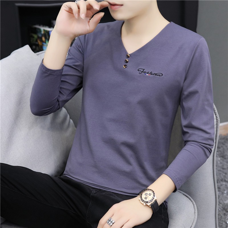 T-shirt mùa thu bông bên ngoài mặc lót mùa thu quần áo đáy dài tay trái tim gà cổ sửa chữa Body áo thun nam 100 nam giới