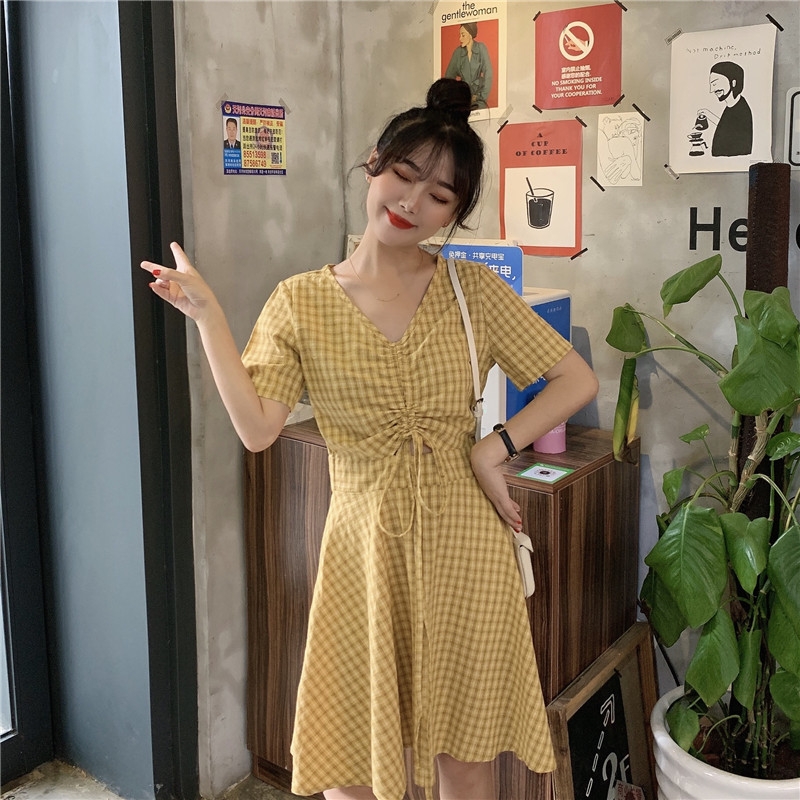 2020 mùa hè váy mới của Hàn Quốc phiên bản của chiếc váy Meimi chị chiếc váy cổ chữ V kẻ sọc eo mỏng váy tươi nhỏ