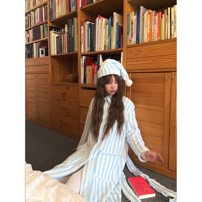 Peachffinside Original Blue Striped Flannel Long Nightgown for Women, Soft and Lazy Style Home Wear, Category a Peachffinside Original Blue Striped Flannel Long Nightgown for Women, Soft and Lazy Style Home Wear, Category a