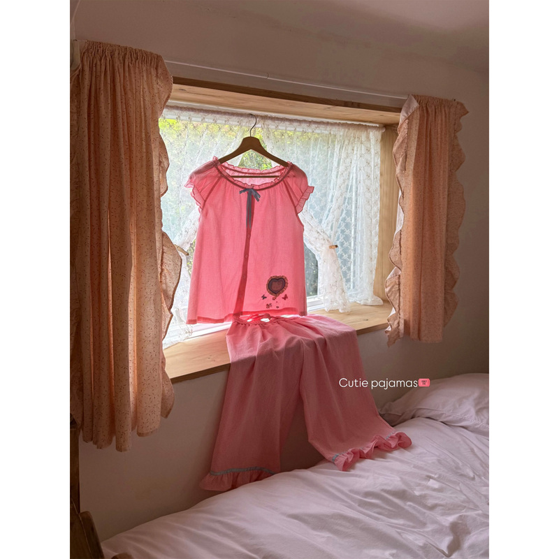 Peachffinside Peach Pink Checkered Niche Three-Dimensional Embroidered Puff Sleeve Pajama Set with Mid-Length Pants, Home Wear, Pure Cotton, Class a Peachffinside Peach Pink Checkered Niche Three-Dimensional Embroidered Puff Sleeve Pajama Set with Mid-Length Pants, Home Wear, Pure Cotton, Class a