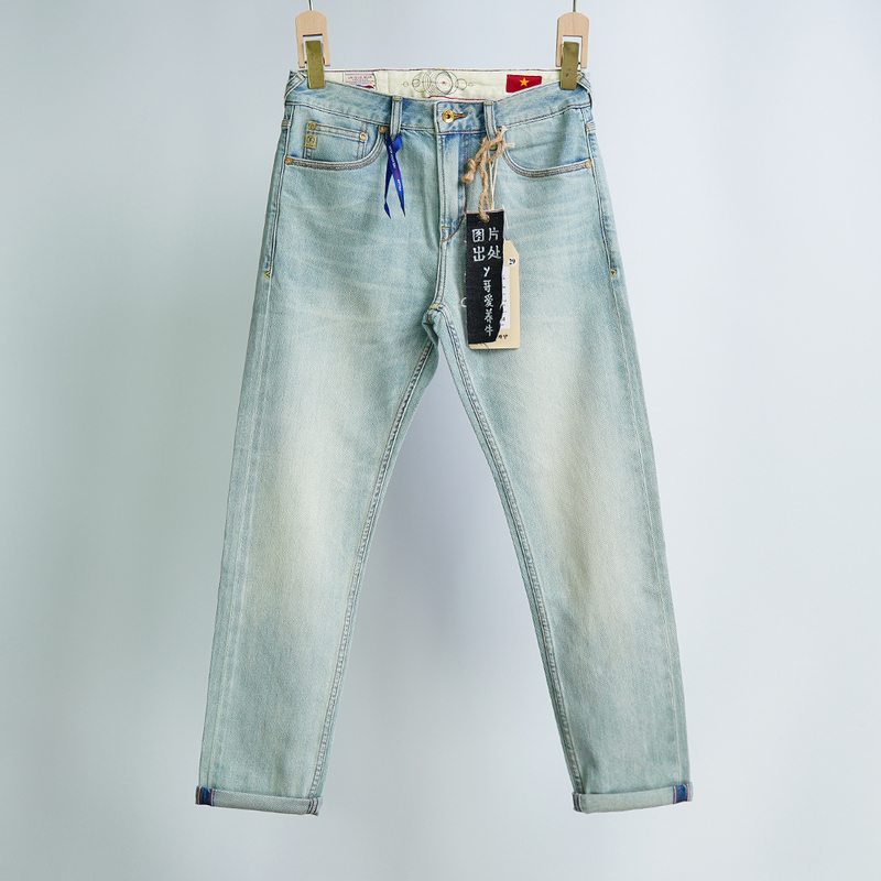 8001-10 oz Selvedge Denim Men's Trendy Jeans Slim Straight Fashion Versatile Summer Thin Style