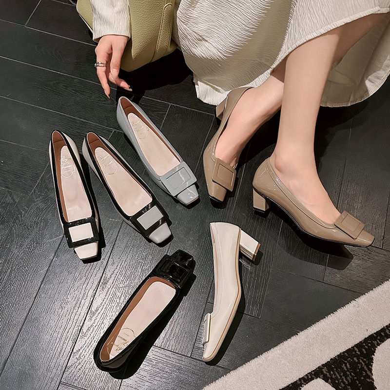 Royeer Viuoar Upgraded Version Elephant Gray Square Toe Patent Leather Rv Square Buckle Single Shoes Thick Heel Medium Heel Shallow Mouth Women's Shoes Royeer Viuoar Upgraded Version Elephant Gray Square Toe Patent Leather Rv Square Buckle Single Shoes Thick Heel Medium Heel Shallow Mouth Women's Shoes