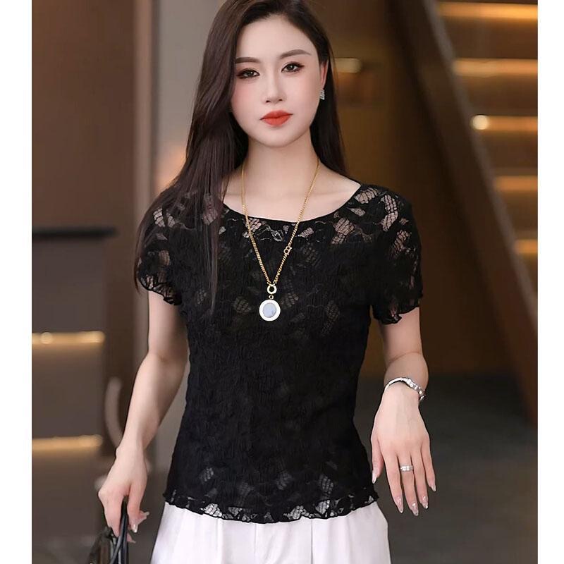 Lace Crochet Short-Sleeve T-Shirt for Women, 2026 Summer New Fashion Slim-Fit Solid Color Hollow-Out Top, Loose and Age-Reducing Lace Crochet Short-Sleeve T-Shirt for Women, 2026 Summer New Fashion Slim-Fit Solid Color Hollow-Out Top, Loose and Age-Reducing