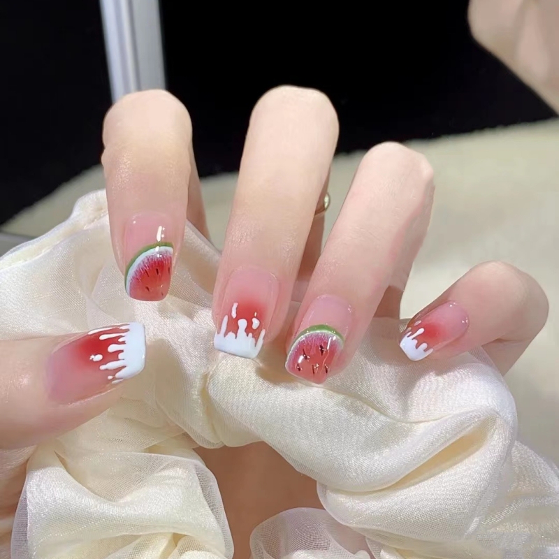 Summer Cool Watermelon Manicure, Handmade Wearable Nails, Whitening Blush, Cute Nail Patches
