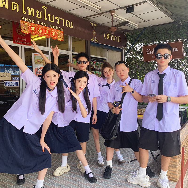 Thai-Style School Uniform Short-Sleeved Shirt for Women, Jk Uniform, College Style, High School Student Sports Day Graduation Class Uniform Set