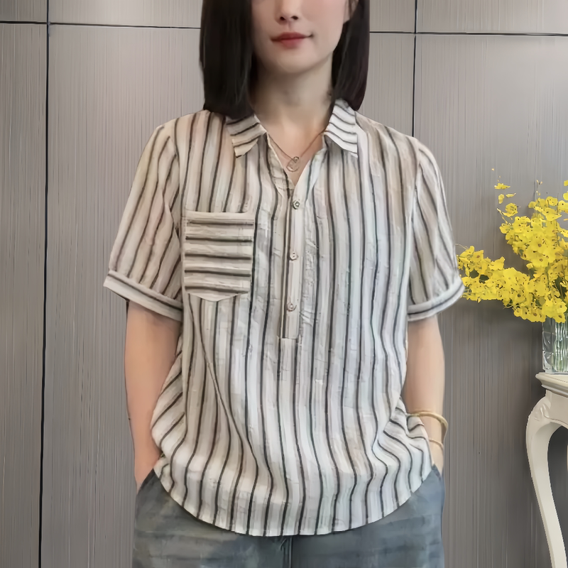 Fashionable Striped Tencel Cotton-Linen Shirt for Women, 2026 Summer Thin Style, Mother's Wear, Short-Sleeved Base Shirt, Loose Top, Trendy