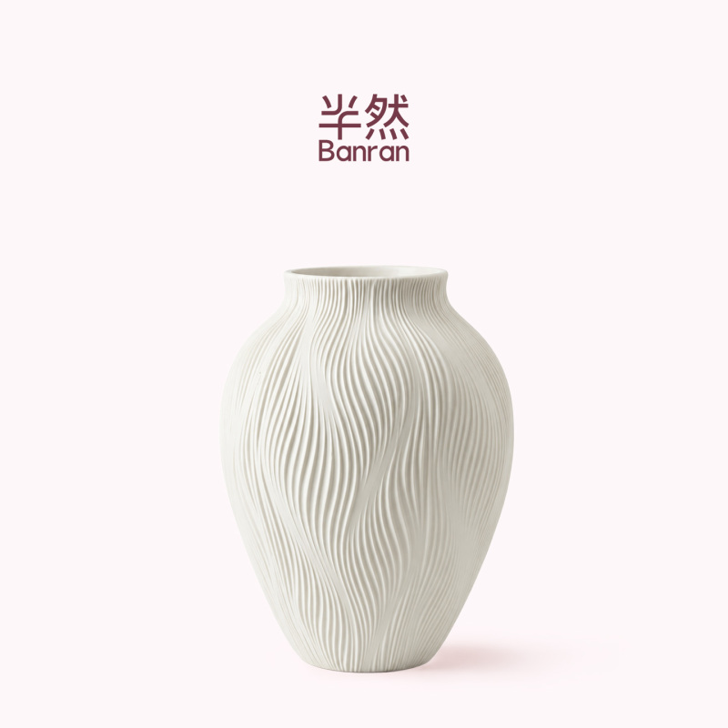 Banran Ceramic Vase with a Light Luxury and High-End Feel for Living Room Decoration, White New Chinese Style, Jingdezhen Big Belly Vase