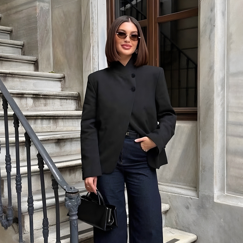 Wmxz Long-Sleeved High-Neck Buttoned Blazer 2237570 Zipper-Decorated Long High-Waisted Loose Pants 7149057