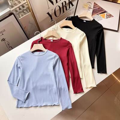 Japanese single children's clothing/girls' ribbed T-shirt, long-sleeved, slim, soft, cute and sweet ruffled design, 470709