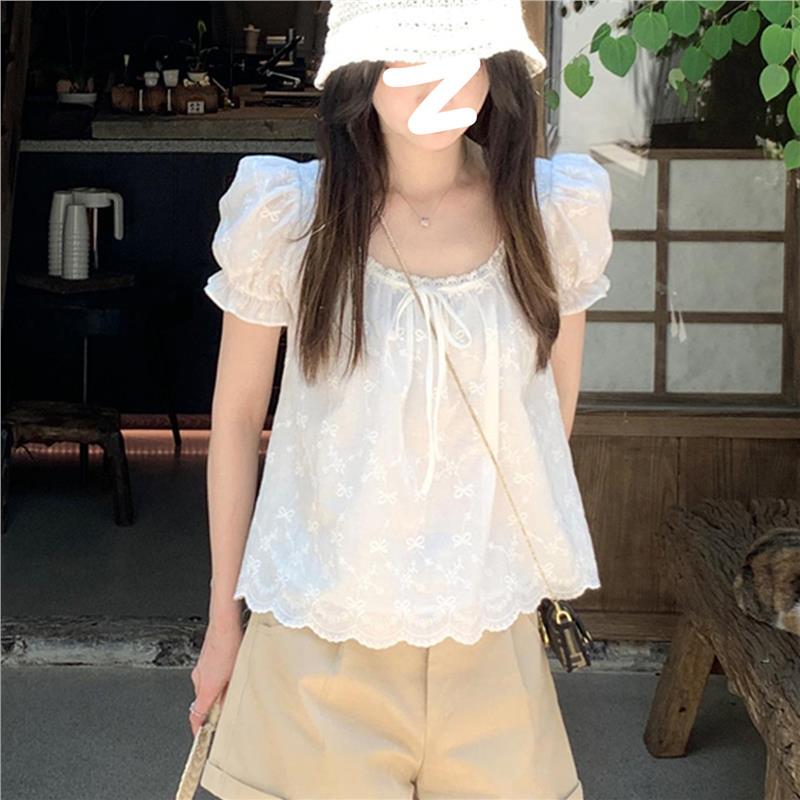 French Lace Puff Short-Sleeve Shirt for Women 2025 New Popular Summer Unique and Beautiful Short Babydoll Top