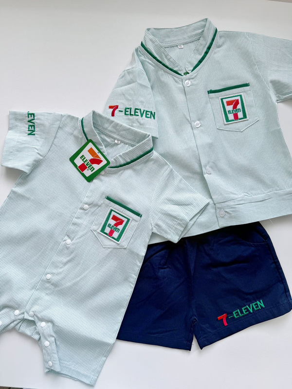 7-11 Convenience Store Cotton and Linen Short-Sleeved Romper Jumpsuit Short-Sleeved Shirt and Shorts Set Sibling Outfits