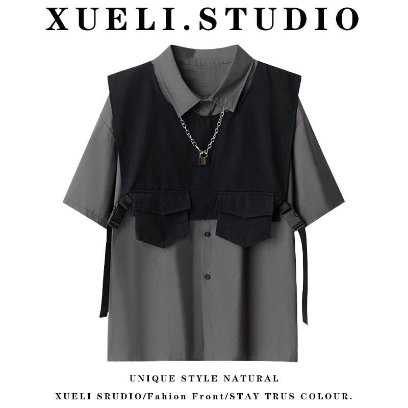 Girls' Unisex Stylish Outfit Set: Shirt and Vest in Workwear Style, Two-Piece Summer Design, Trendy Short-Sleeve Top