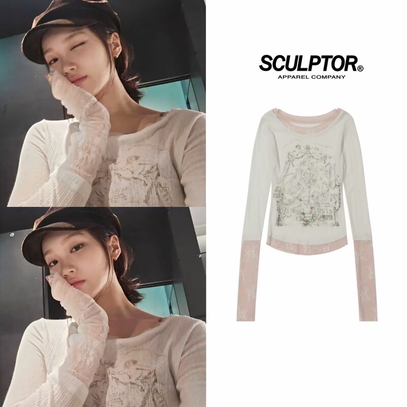 In-Stock Gold Source an Youzhen's Same Style Sculptor Korean Designer Brand Lace Print Long-Sleeve T-Shirt for Women