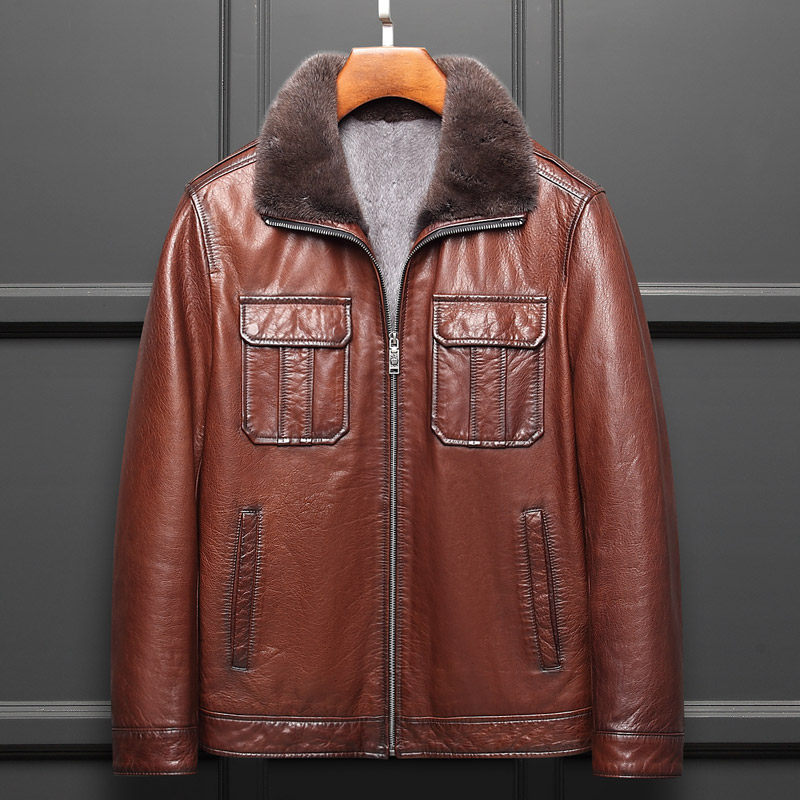 Genuine leather fur coat men's mink liner whole mink fur integrated mink fur coat short and turd collar casual coat winter