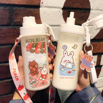Water cup womens glass portable cute with straw type simple fresh Forest milk Korean version of drinking water oblique across the cup